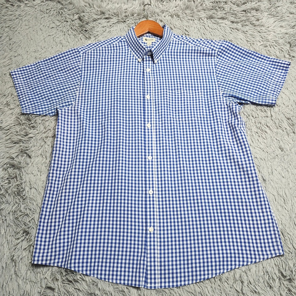 Haggar Clothing Button Shirt Mens XL Blue Gingham Short Sleeve Down Up Dress